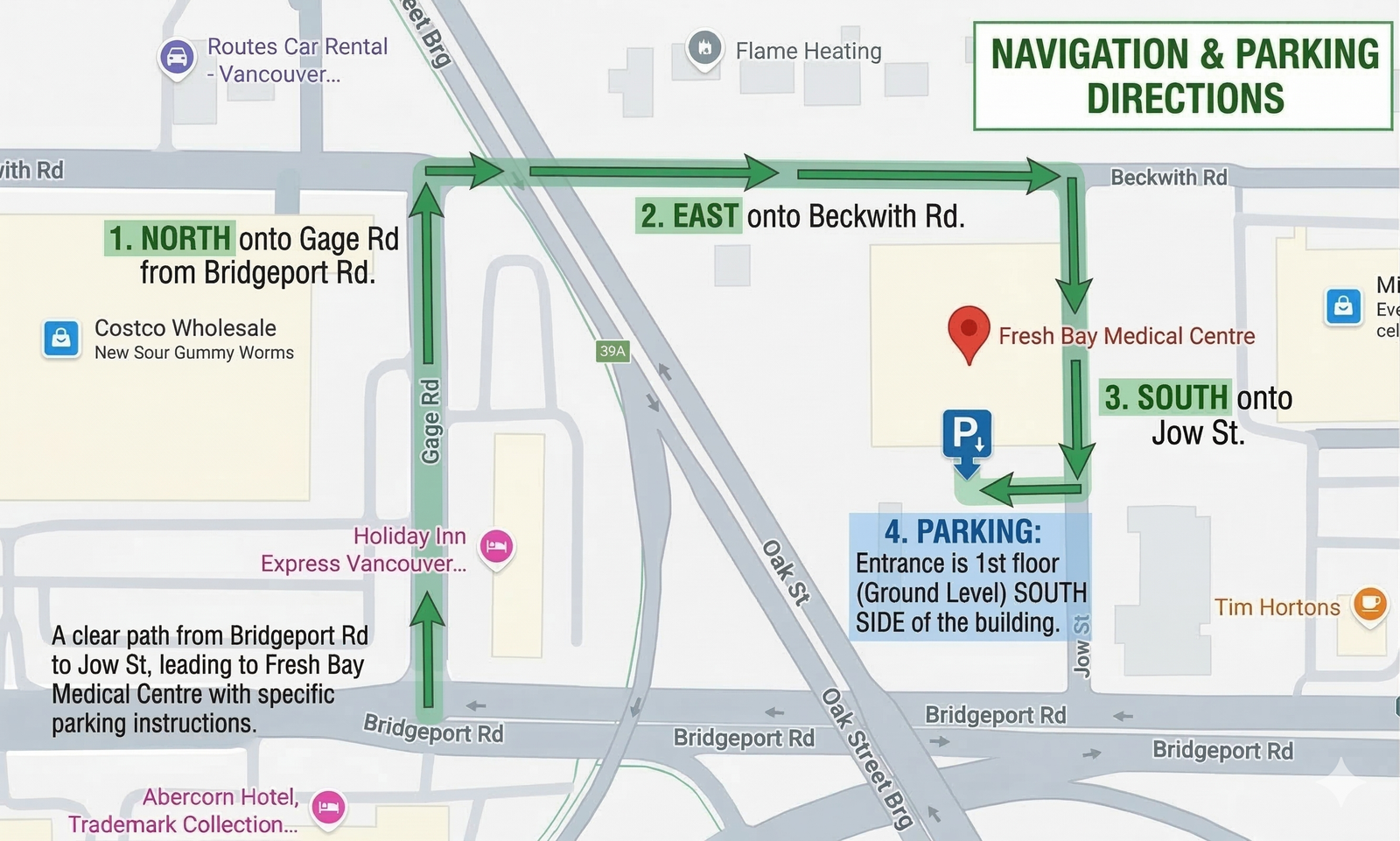 English directions and parking guide: from Bridgeport Rd via Gage Rd and Beckwith Rd to Jow St. Parking entrance is on the south side at ground level.